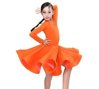 Girls Latin Dance Dress Ballroom Children's Dance Costumes Samba Tango Salsa Dance Costumes Stage Performance Costumes Modern Jazz Dance Swing Skirts,Orange Long Sleeves,L