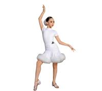 Girls Latin Dance Dress Ballroom Dance Short Sleeves Latin Salsa Tango Samba cha cha Rumba Dress,White,160