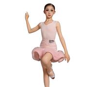 Girls Latin Dance Dress,Nylon Tango Ballroom Competition Dancewear V-Neck Stage Performance Costume Dancing Practice Skirt Split Practice Clothing,Pink,170