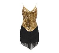 Girls Latin Dance Dress Tassel Dancewear Sequins Fringe Dress Modern Sleeveless Ballroom Dancer Outfits for Kids Spaghetti Strap Shiny Sparkling Jazz Skirt Stage Performance (Gold, 13-14 Years)