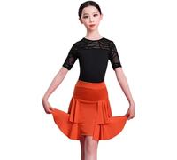 Girls Latin Dancing Dress Mid-Sleeves Ballroom Salsa Dance Wear Clothing Competitions The Party Latin Stage Wear Clothes Dance Pratice Costumes(140)(Orange)