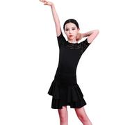 Girls Latin Dancing Dress Mid-Sleeves Ballroom Salsa Dance Wear Clothing Competitions The Party Latin Stage Wear Clothes Dance Pratice Costumes(140)(Black)