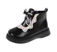 Girls Leather Ankle Boots Bow Round Toe Comfortable Lightweight Fall Winter Short Booties with Side Zipper (Black, 13.5 Big Kids)