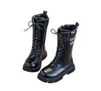 Girls Leather Lace Up Knee High Boots with Side Zipper Fashion Comfortable Round Toe Low Heel Solid Color Ankle Booties Mid Calf Combat Leather Non Slip Chunky Heels Shoes 4-11 Years