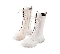 Girls Leather Lace Up Knee High Boots with Side Zipper Fashion Comfortable Round Toe Low Heel Solid Color Ankle Booties Mid Calf Combat Leather Non Slip Chunky Heels Shoes 4-11 Years