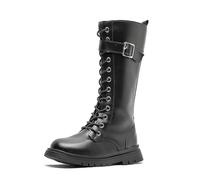 Girls Leather Lace Up Knee High Boots with Side Zipper Fashion Comfortable Round Toe Low Heel Solid Color Ankle Booties Mid Calf Combat Leather Non Slip Chunky Heels Shoes 4-11 Years