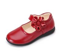 Girls' Leather Mary Jane Shoes - Flower Accent Comfortable Round Toe Hook Loop Strap,Children's Dress Shoes for Party School Red