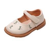 Girls Leather School Shoes Floral Embroidery Mary Jane Flats, Kids Back to School Uniform Shoes Toddler Baby Girl Round Toe Strap Princess Shoe Flower Girl Dress Shoe for Wedding Party
