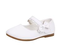 Girls Leather School Shoes Wide Fit Mary Jane Flats Non Slip Loafers with Bow Decor Adjustable Strap Soft Insole Ballet Trainers Bakless Comfy Leight Sneakers for Back to School (White, 5/5 Toddler)