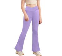 Girl's Leggings Cross High Waisted Flare Pants Yoga Bootcut Pants Solid Color Full Length Bell Bottoms, Orchid, 11-12 Years