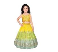 Girls' Lehenga Choli Set, Yellow to Green Gradient with Sequin Border, Traditional Indian Dress (UK, Age, 6 Years, Yellow-Green)
