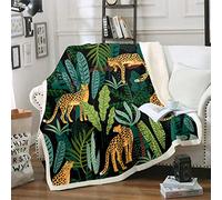 Girls Leopard Plush Blanket Cheetah Wild Animal Print Sherpa Throw Blanket Palm Leaf Fleece Blanket for Sofa Couch Teens Greens Tropical Leaves Fuzzy Blanket Ultra Soft Room Decor Single 50"x60"