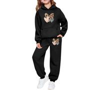 Girls Leopard Print Heart Design Hoodie and Jogger Set, Cozy Two-Piece Outfit for Valentine's Day, Soft Fleece Toddler Kids Matching Sweatsuit, Ages 2-8 (Black, 8-9 Years)