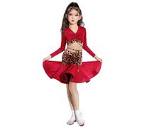 Girls Leopard Print Latin Dance Dress Ballroom Professional Ballroom Dance Skirt Salsa Rumba Tango Dance Costume,Red,180