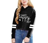 Girls' Letter Print Short Hoodie - Solid Colour Long Sleeve Pullover Top for Big Kids Black
