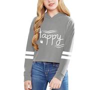 Girls' Letter Print Short Hoodie - Solid Colour Long Sleeve Pullover Top for Big Kids Grey