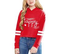 Girls' Letter Print Short Hoodie - Solid Colour Long Sleeve Pullover Top for Big Kids Red