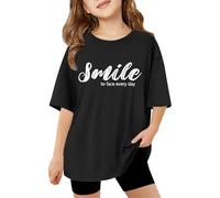 Girls Letter Printed Short Sleeve T Shirts Oversized Casual Crewneck Basic Tees for Kids Comfortable Daily Wear (Black-A, 160)