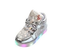 Girls Light Up Shoes Bow Star Printed High Top Toddler Glitter Sneakers Sequins Casual Soft Flat Sole Little Kid Flashing Trainers Lightweight Boot Outdoor (Sliver, 7 Toddler)