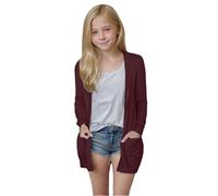 Girls' Lightweight Long Sleeve Cardigan - Casual Open Front Oversized Sweater, Cute Soft Outerwear Coat, with Pockets, Ideal for Mild Weather(Brick Red, 13-14 Years)