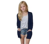 Girls' Lightweight Long Sleeve Cardigan - Casual Open Front Oversized Sweater, Cute Soft Outerwear Coat, with Pockets, Ideal for Mild Weather(Navy, 11-12 Years)