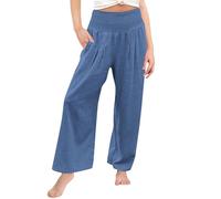 Girls Linen Palazzo Trousers Pleated High Waisted Boho Summer Kids Wide Leg School Trousers Plain Y2K Pants Aesthetic Baggy Solid Color Joggers Outdoor (Blue, 12-13 Years)