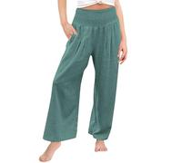 Girls Linen Palazzo Trousers Pleated High Waisted Boho Summer Kids Wide Leg School Trousers Plain Y2K Pants Aesthetic Baggy Solid Color Joggers Outdoor (Green, 12-13 Years)