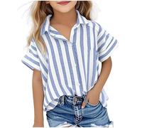 Girls Linen Shirts Summer Striped Button Down Short Sleeve Blouses Teen Oversized V Neck School Shirt Kids Casual Roll up Cuff Cotton Linen Tops Juniors Beach Sports Cardigan Tee (Blue, 11-12 Years)