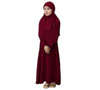 Girls Long Abaya Muslim Prayer Dress with Hijab 2 Piece Ramadan Islamic Eid Round Neck Ruffle Loose Long Sleeve Solid Dresses Summer Kaftan Jilbab Set Wine