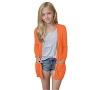 Girls Long Cardigan with Pockets Teen Plain Lightweight Cardigan Rash Guard Long Sleeve Open Front Trendy Jacket Solid Color Breathable Casual Coat (Orange, 13-14 Years)