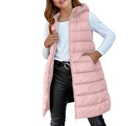 Girls Long Puffer Gilet Oversized Lightweight Hooded Down Vest Childrens Kids Zip up Knee Length Windproof Sleeveless Jackets with Pockets Insulated Warm Coats (Pink, 10-12 Years)