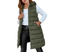 Girls Long Puffer Gilet Oversized Lightweight Hooded Down Vest Childrens Kids Zip up Knee Length Windproof Sleeveless Jackets with Pockets Insulated Warm Coats