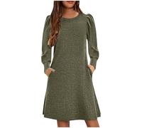 Girls Long Sleeve Dress Round Neck Knit Dresses Spring Summer Kids Skater Long Dress with Pocket a Line Swing Dresses Sale Clearance Flared Dinner Festival Party Outfit Age 4-14 Years