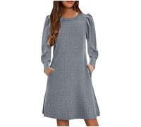 Girls Long Sleeve Dress Round Neck Knit Dresses Spring Summer Kids Skater Long Dress with Pocket a Line Swing Dresses Sale Clearance Flared Dinner Festival Party Outfit Age 4-14 Years