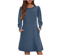 Girls Long Sleeve Dress Round Neck Knit Dresses Spring Summer Kids Skater Long Dress with Pocket a Line Swing Dresses Sale Clearance Flared Dinner Festival Party Outfit Age 4-14 Years