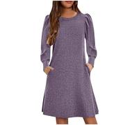 Girls Long Sleeve Dress Round Neck Knit Dresses Spring Summer Kids Skater Long Dress with Pocket a Line Swing Dresses Sale Clearance Flared Dinner Festival Party Outfit Age 4-14 Years