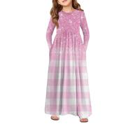 Girls Long Sleeve Floral Maxi Dress, Soft Stretch Flowy Gown with Pockets, Loose Tiered Ruffle Skirt Casual Holiday Dress for Kids Ages 4-14 Years Pink