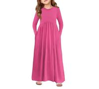 Girls' Long Sleeve Maxi Dress, Soft Stretch Fabric Round Neck Flared A-Line Skater Swing, Plain Cotton Casual Party Dress with Side Pockets for School Everyday Outfit 4-14 Years Hot Pink