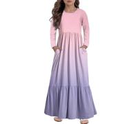 Girls Long Sleeve Ombre Maxi Dress with Pockets, Tiered Ruffle Hem Full-Length Dress Gradient Tie Dye Loose Fit T-Shirt Swing A-Line Striped Black Floral 5-15 Years