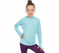 Girls Long Sleeve Shirt Hoodies SPF Active Tee Workout Running Yoga Pullover Tops with Thumb Holes Light Blue 7-8years
