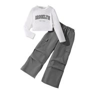 Girls Long Sleeve Sweatshirt & Cargo Pants Set, Comfy, Streetwear, 2-Piece, 5-14 Years#Z Grey