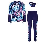 Girls Long Sleeve Swimsuits Two Piece Summer Beach Rash Guard Elastic Kids Printed Bathing Suit Dark Blue Flowers 6-7 Years