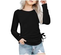 Girls Long Sleeve T Shirt Ruched Knot Side Stretchy Blouse Basic Tee Tops Kids Solid Color Crewneck Tshirt Trendy Fashion Shirt (Black, 7-8 Years)