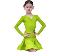 Girls' Long-Sleeved Heart-Shaped Latin Dance Dress Children's Tango Competition Dress Party Salsa Rumba chacha Professional Dance Costume,Avocado Green,120cm