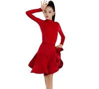 Girls Long Sleeves Performance Ballroom Dress Kids Salsa Tango Performance Ballroom Party Competition Dancewear,Bright red,130cm