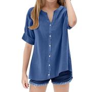 Girls Loose Shirt Stand Collar Solid Color Button Shirt Top Shirts Under 5 (Blue, 11-12 Years)