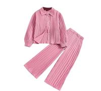 Girls Loungewear 2 Piece Matching Outfit Set, Long Sleeve Button Front Blouse, Soft Casual Straight Leg Trousers, Relaxed Fit Separates for Kids Aged 8 Up to 12 Years Old(1B-Red, 8 Years)