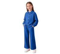 Girls Loungewear 2 Piece Matching Outfit Set, Long Sleeve Button Front Blouse, Soft Casual Straight Leg Trousers, Relaxed Fit Separates for Kids Aged 8 Up to 12 Years Old(1A-Blue, 7-8 Years)
