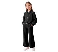 Girls Loungewear 2 Piece Matching Outfit Set, Long Sleeve Button Front Blouse, Soft Casual Straight Leg Trousers, Relaxed Fit Separates for Kids Aged 8 Up to 12 Years Old(1A-Black, 7-8 Years)
