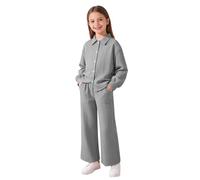 Girls Loungewear 2 Piece Matching Outfit Set, Long Sleeve Button Front Blouse, Soft Casual Straight Leg Trousers, Relaxed Fit Separates for Kids Aged 8 Up to 12 Years Old(1A-Grey, 9-10 Years)